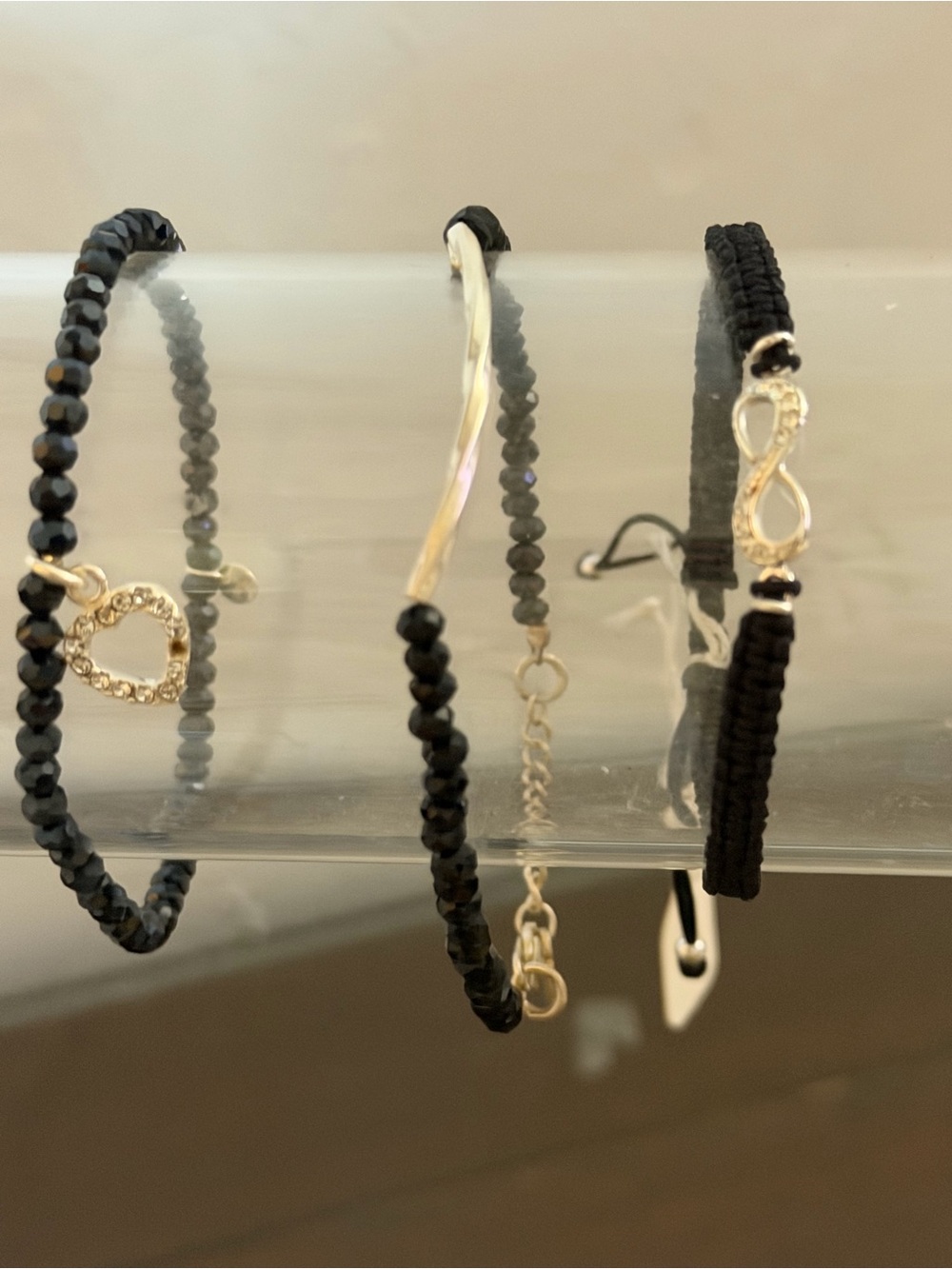 Black Beaded Infinity & Heart Charm Bracelet Set